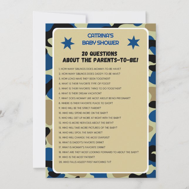 Blue Camouflage Baby Dusche - bestellbarer Name, 1 Einladung (Vorderseite)