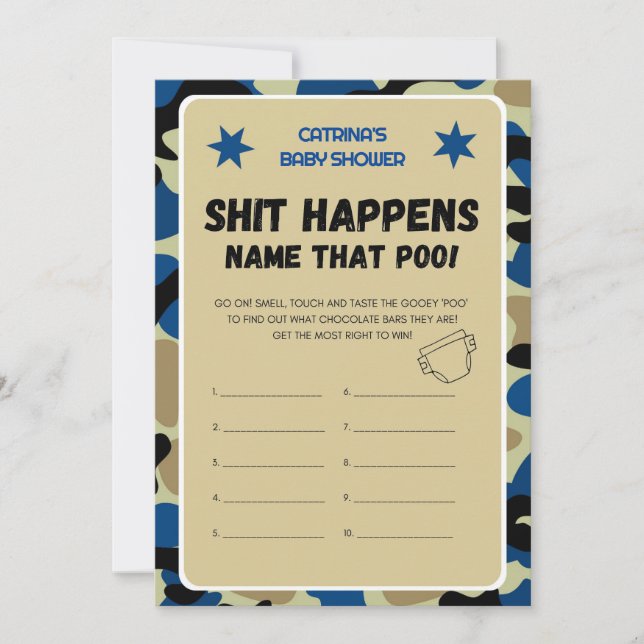 Blue Camouflage Baby Dusche - bestellbarer Name, 1 Einladung (Vorderseite)