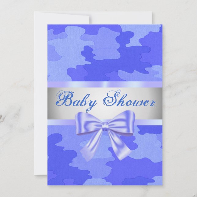 Blue Camouflage Blue Bow Baby Dusche Einladung (Vorderseite)