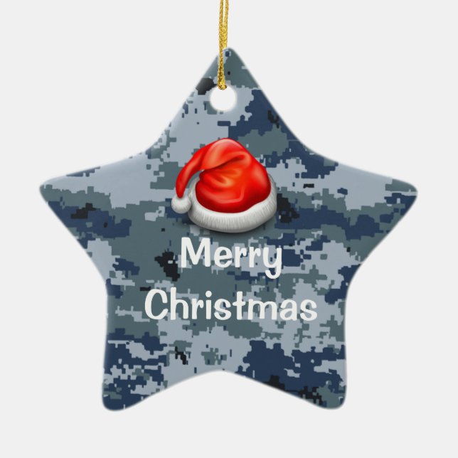 Blue Camouflage Star Frohe Weihnachtsfeier Keramik Ornament (Vorne)