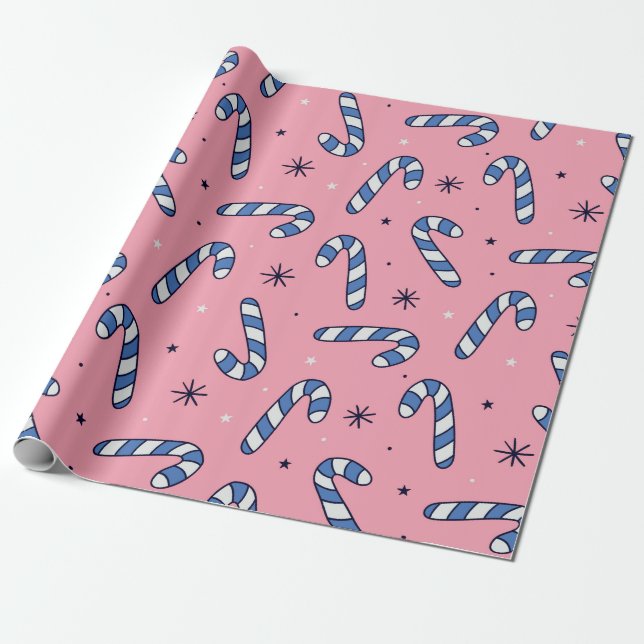Blue Candy Canes auf Pink Holiday Pattern Geschenkpapier (Ungerollt)