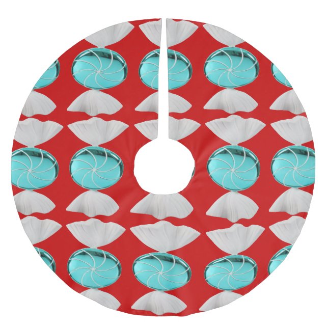 Blue Candy on Red Tree Skirt Polyester Weihnachtsbaumdecke (Vorderseite)
