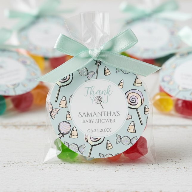 Blue Candy Themed Baby Dusche Vielen Dank Sticker (Mint Green Gender Neutral Lollipop Candy Cute Thank You Baby Shower Stickers for Mother to Be)