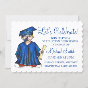 Blue Cap Gown School Graduation Party Open House Einladung