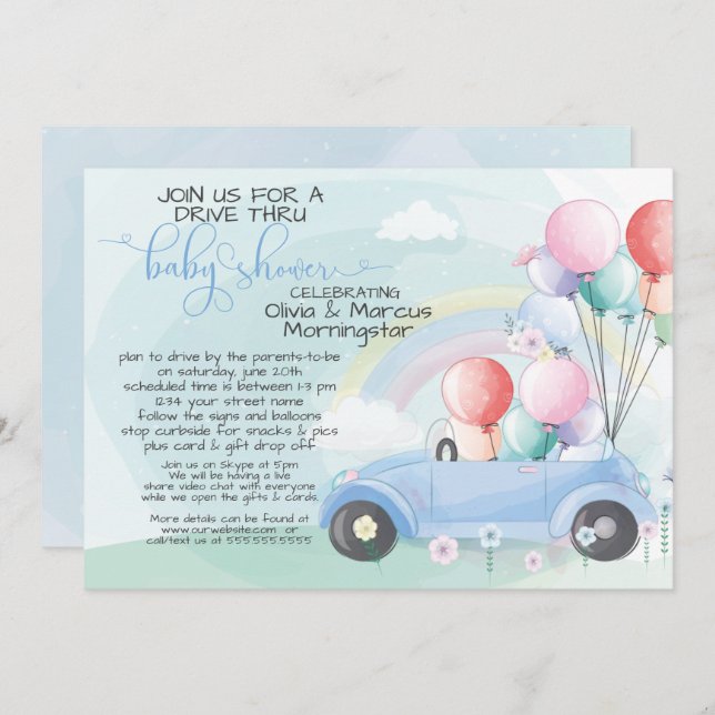 Blue Car Balloons Drive Thru Baby SHower Einladung (Vorne/Hinten)