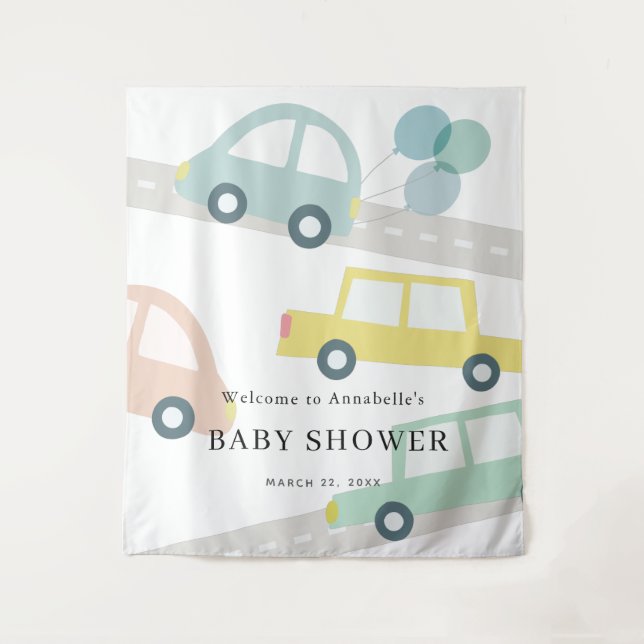 Blue Car Balloons White Boy Baby Dusche Willkommen Wandteppich (Vorderseite)