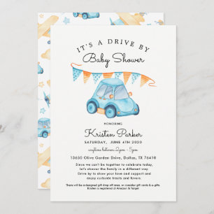 Blue Car Drive by Baby Dusche Einladung Boy