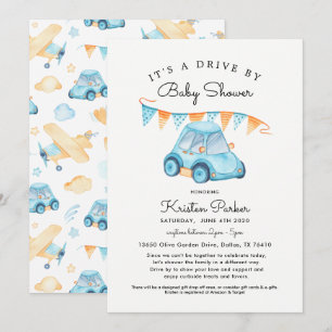 Blue Car Drive by Baby Shower Einladung Junge