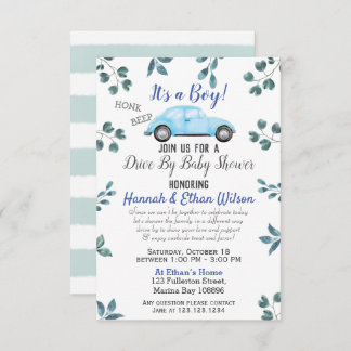 Blue Car & Greenery Drive by Baby Shower Parade Einladung