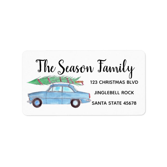Blue Car mit Weihnachtsbaum Wasserfarbe Adressaufkleber (Vorne)