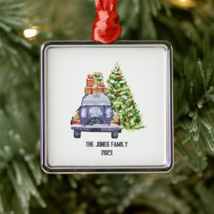 Blue Car mit Weihnachtsgeschenken auf Oben und Bau Ornament Aus Metall
