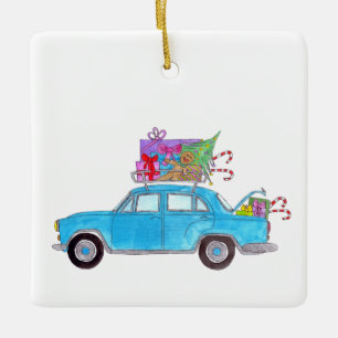 Blue Car mit Weihnachtsgeschenken Wasserfarbe Keramikornament