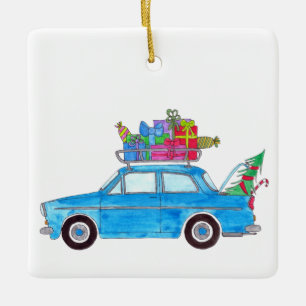 Blue Car mit Weihnachtsgeschenken Wasserfarbe Keramikornament