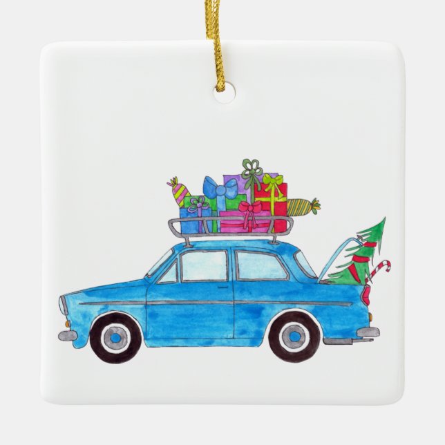 Blue Car mit Weihnachtsgeschenken Wasserfarbe Keramikornament (Vorderseite)