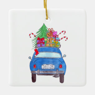 Blue Car mit Weihnachtsgeschenken Wasserfarbe Keramikornament