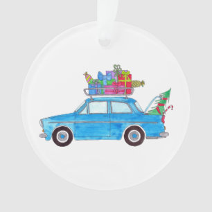 Blue Car mit Weihnachtsgeschenken Wasserfarbe Ornament