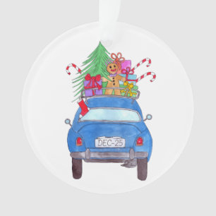 Blue Car mit Weihnachtsgeschenken Wasserfarbe Ornament