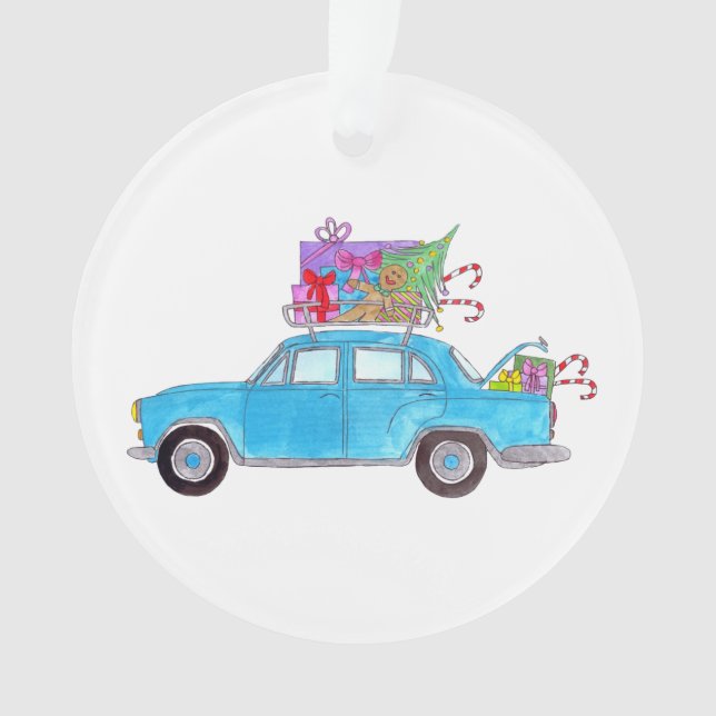 Blue Car mit Weihnachtsgeschenken Wasserfarbe Ornament (Vorderseite)
