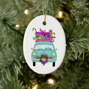 Blue Car with Christmas Ohrts Keramik Ornament