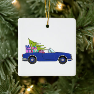 Blue Car with Christmas Ohrts Keramikornament