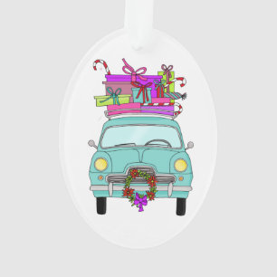 Blue Car with Christmas Ohrts Ornament