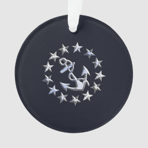 Blue Carbon Fibre Nautical Chrome Yacht Flag Print Ornament