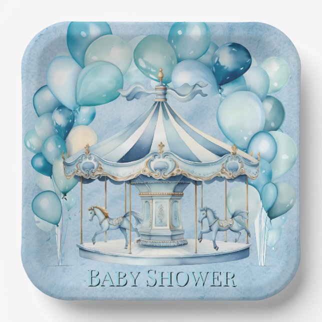 Blue Carousel mit Arch Balloons Boy Baby Dusche Pappteller (Vorderseite)