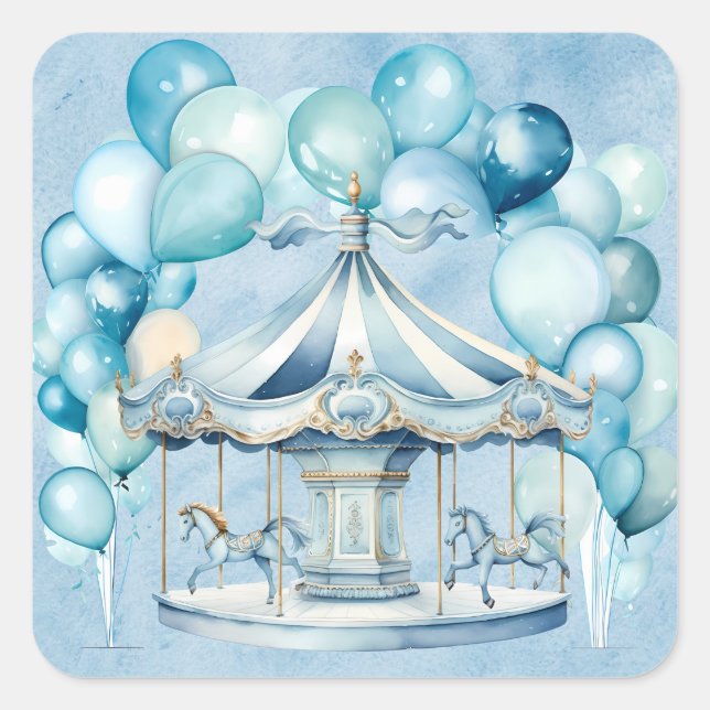 Blue Carousel mit Arch Balloons Boy Baby Dusche Quadratischer Aufkleber (Vorderseite)
