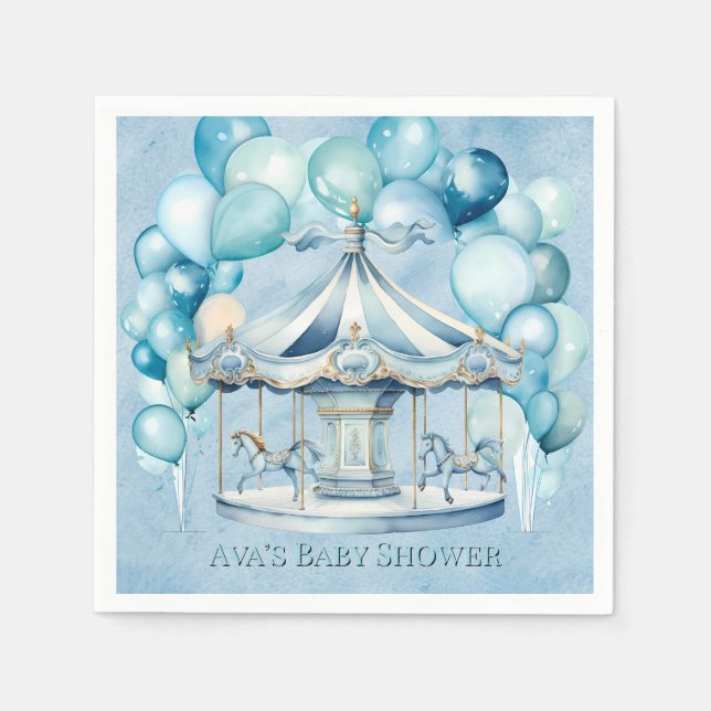 Blue Carousel mit Arch Balloons Boy Baby Dusche Serviette (Vorderseite)