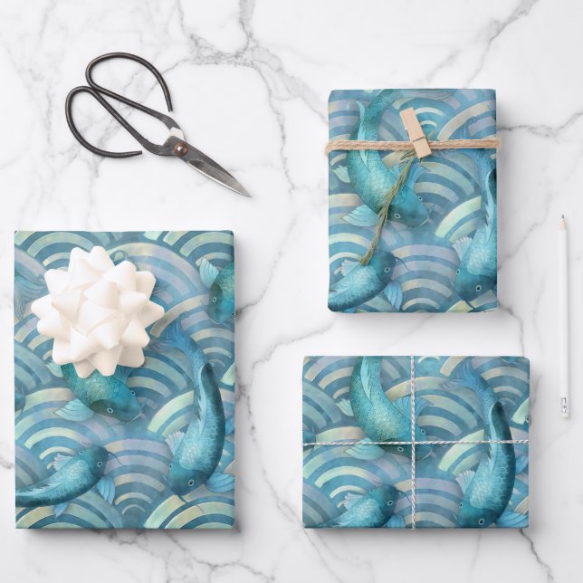 Blue Carp Koi Fischmuster Geschenkpapier Set (Vorderseite)