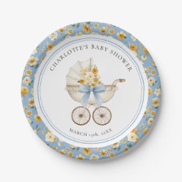 Blue Carriage Floral Baby Shower Plate Pappteller