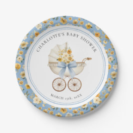 Blue Carriage Floral Baby Shower Plate Pappteller