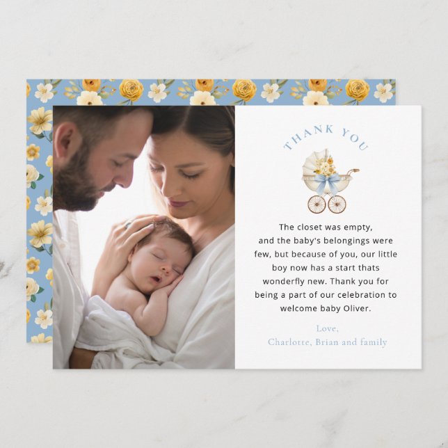 Blue Carriage Photo Baby Shower Thank You Card Dankeskarte (Vorne/Hinten)