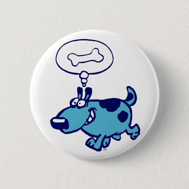 Blue Cartoon Dog denken an Knochenstöcke-Abzeichen Button (Vorderseite)