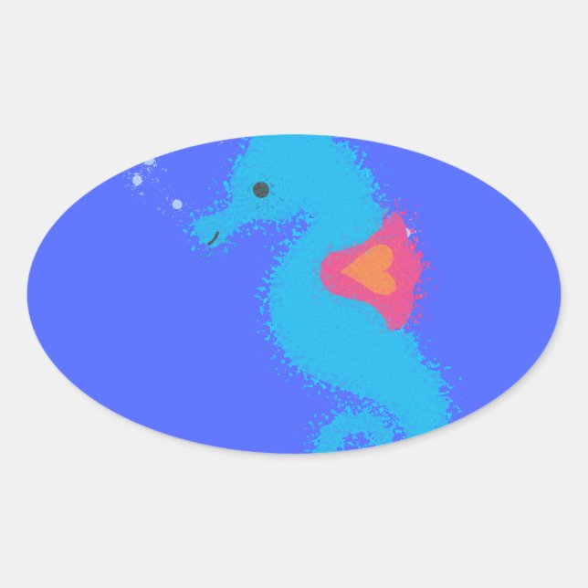Blue Cartoon Seepferd Ovaler Aufkleber (Vorderseite)