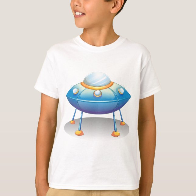 Blue Cartoon UFO Spaceship Fun Sci-Fi T-Shirt (Vorderseite)