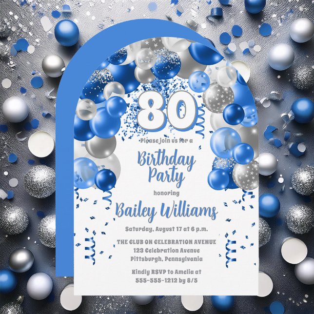 Blue Celebration Balloons 80. Geburtstagsparty Einladung (Blue, Silver Tone and White  Celebration Balloons "80" 80th Birthday Party Invitation - Print | Digi)