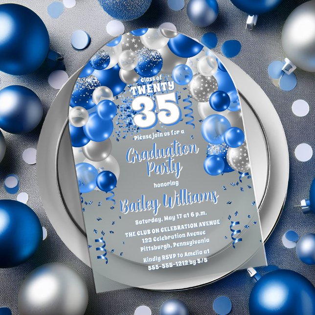 Blue Celebration Balloons Graduation Party Acryleinladungen (Blue and Silver Balloons Class Year Graduation Party Acrylic Invitations)