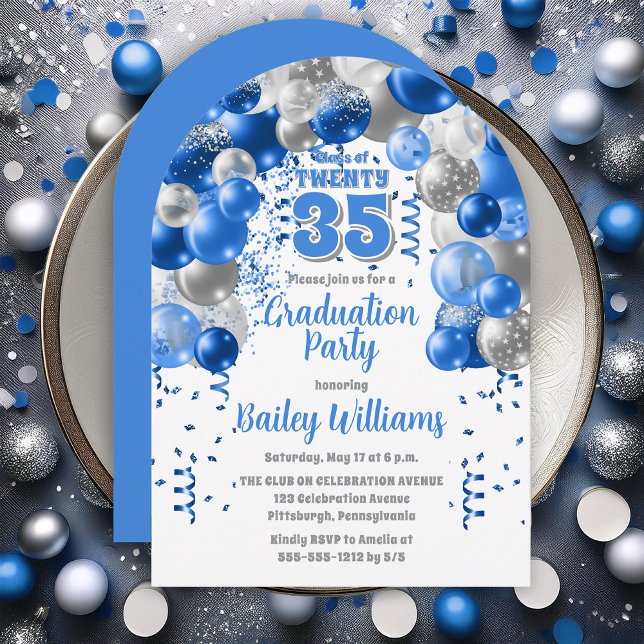 Blue Celebration Balloons Graduation Party Einladung (Blue Balloons Class Year Graduation Party Invitations - Print and/or Download Available)