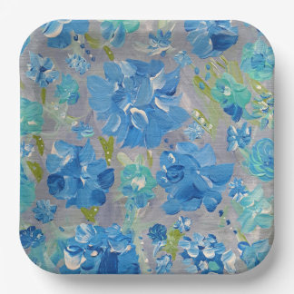 Blue Celebration Floral, 9" Square Paper Plate Pappteller