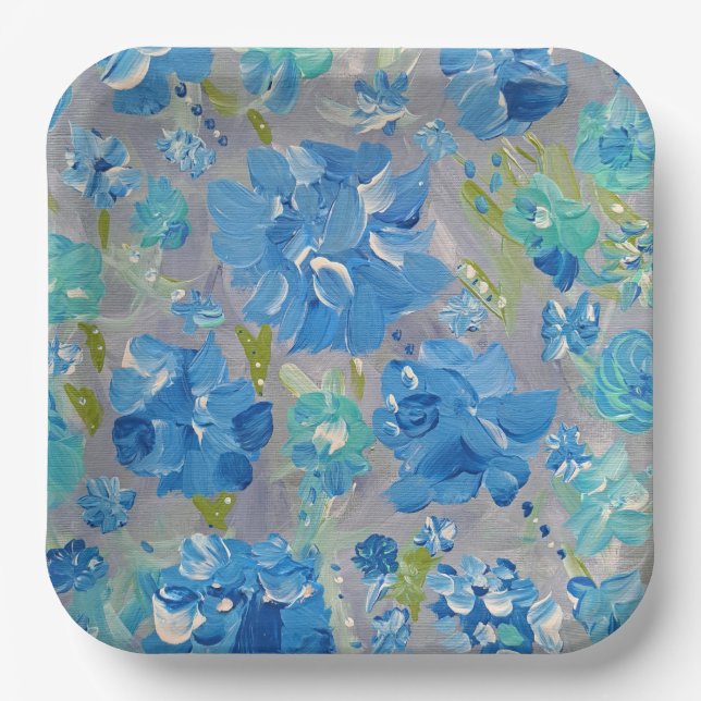 Blue Celebration Floral, 9" Square Paper Plate Pappteller (Vorderseite)