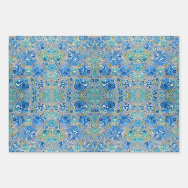 Blue Celebration Floral Wrapping Paper Geschenkpapier Set (Vorderseite)