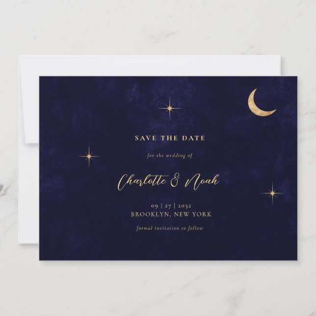 Blue Celestial Gold Moon Stars Wedding Save The Date (Vorderseite)