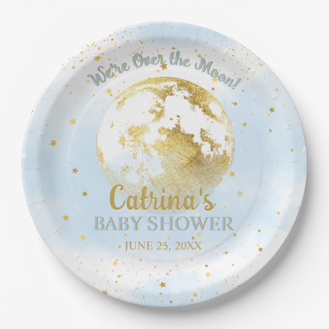 Blue Celestial Over the Moon and Stars Baby Shower Pappteller (Vorderseite)
