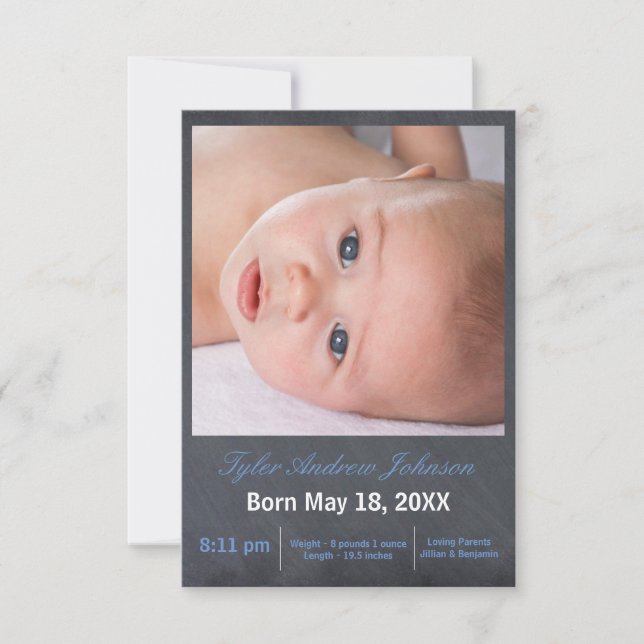 Blue Chalkboard Foto - 3x5 Geburtserklärung Ankündigung (Vorderseite)