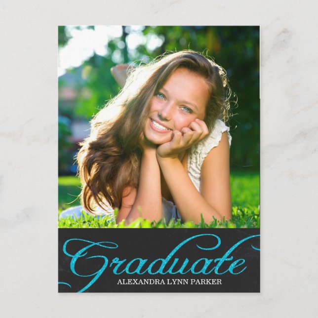 Blue Chalkboard Graduation Party Einladung Postkar (Vorderseite)