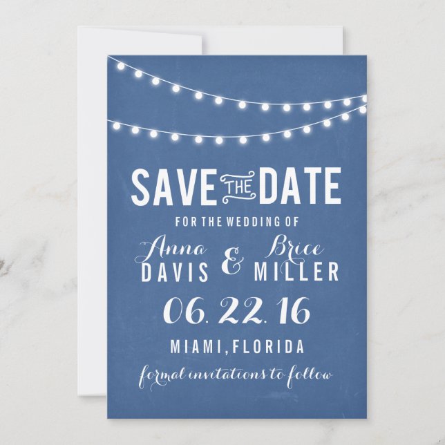 Blue Chalkboard Summer String Light Save the Date (Vorderseite)