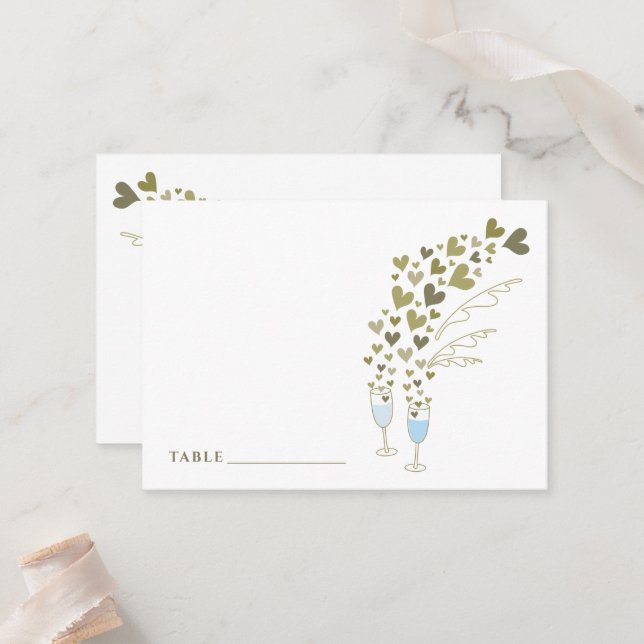 Blue Champagne Cheers Floating Gold Hearts Wedding Platzkarte (Vorderseite/Rückseite Beispiel)