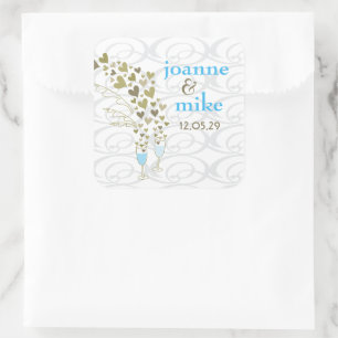 Blue Champagne Cheers & Gold Hearts Chic Wedding Quadratischer Aufkleber