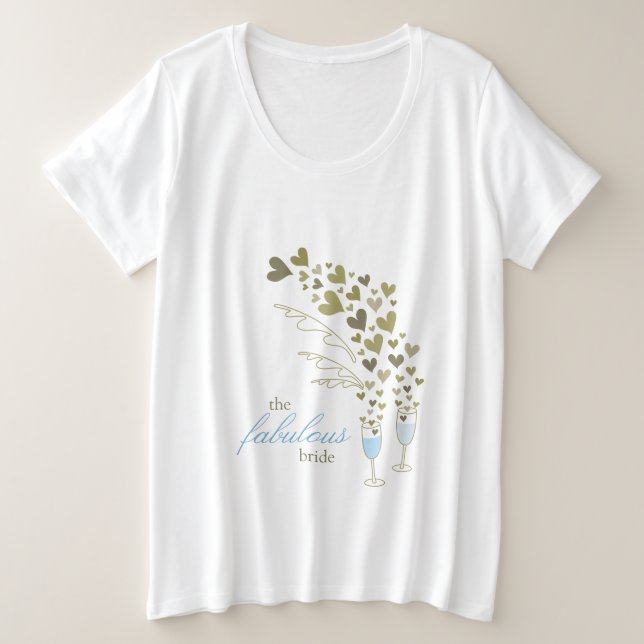 Blue Champagne Cheers & Gold Hearts Fabulous Bride Große Größe T-Shirt (Design vorne)